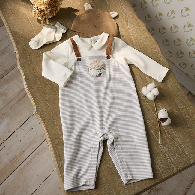 PIPPY童趣綿羊造型帽吊帶褲3件組禮盒 卡其