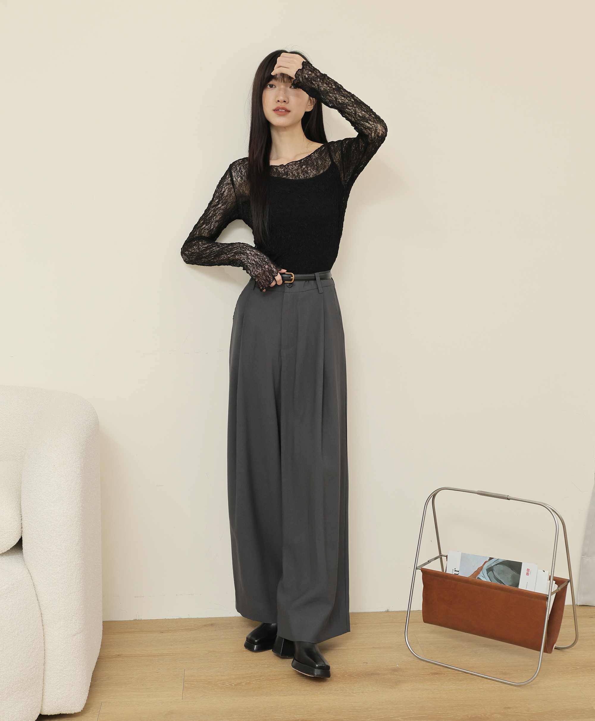 直筒休閒棉麻闊腿西裝褲