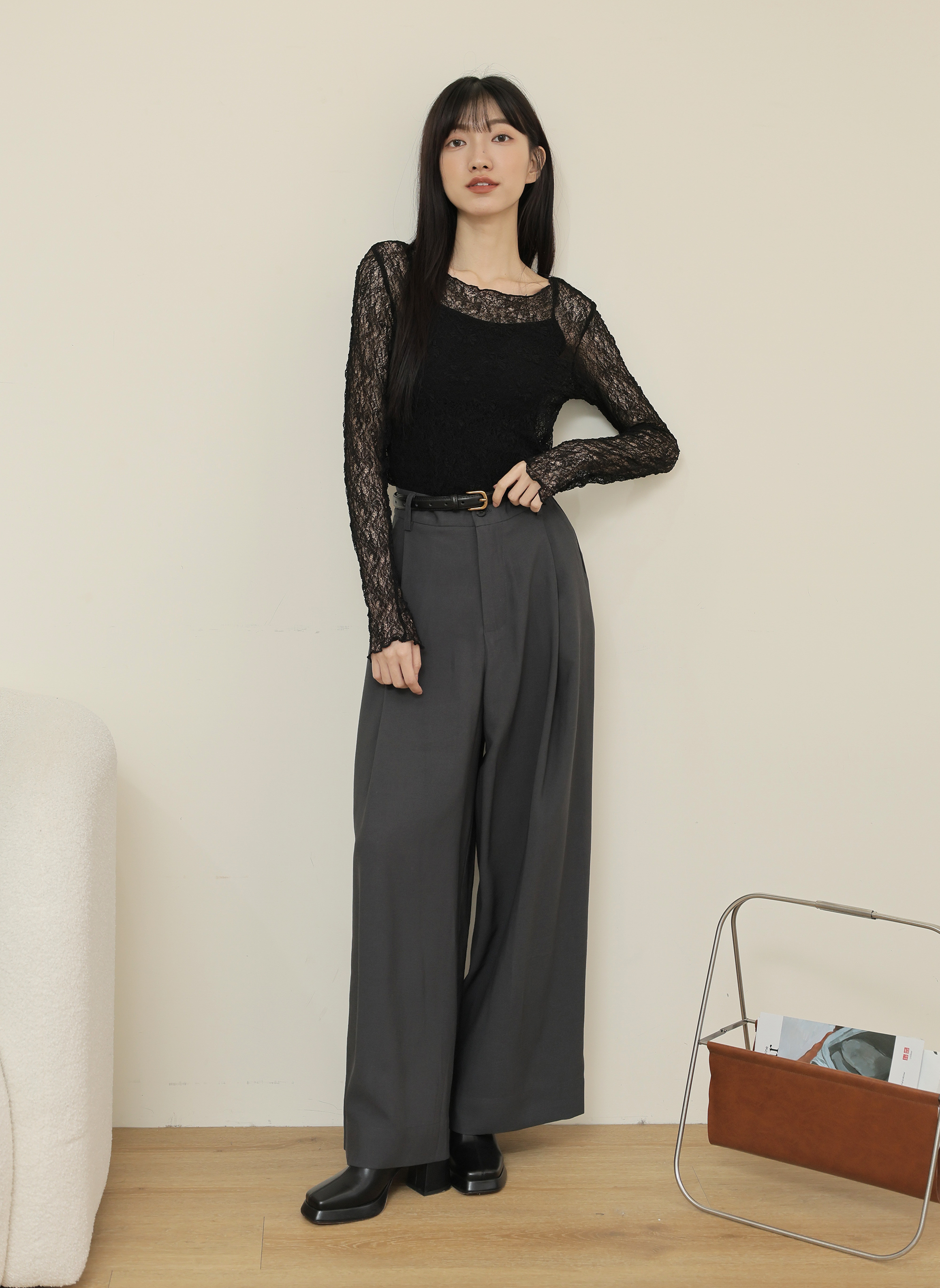 直筒休閒棉麻闊腿西裝褲