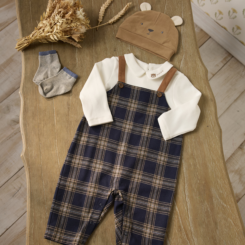 PIPPY童趣小熊帽吊帶褲3件組禮盒藍