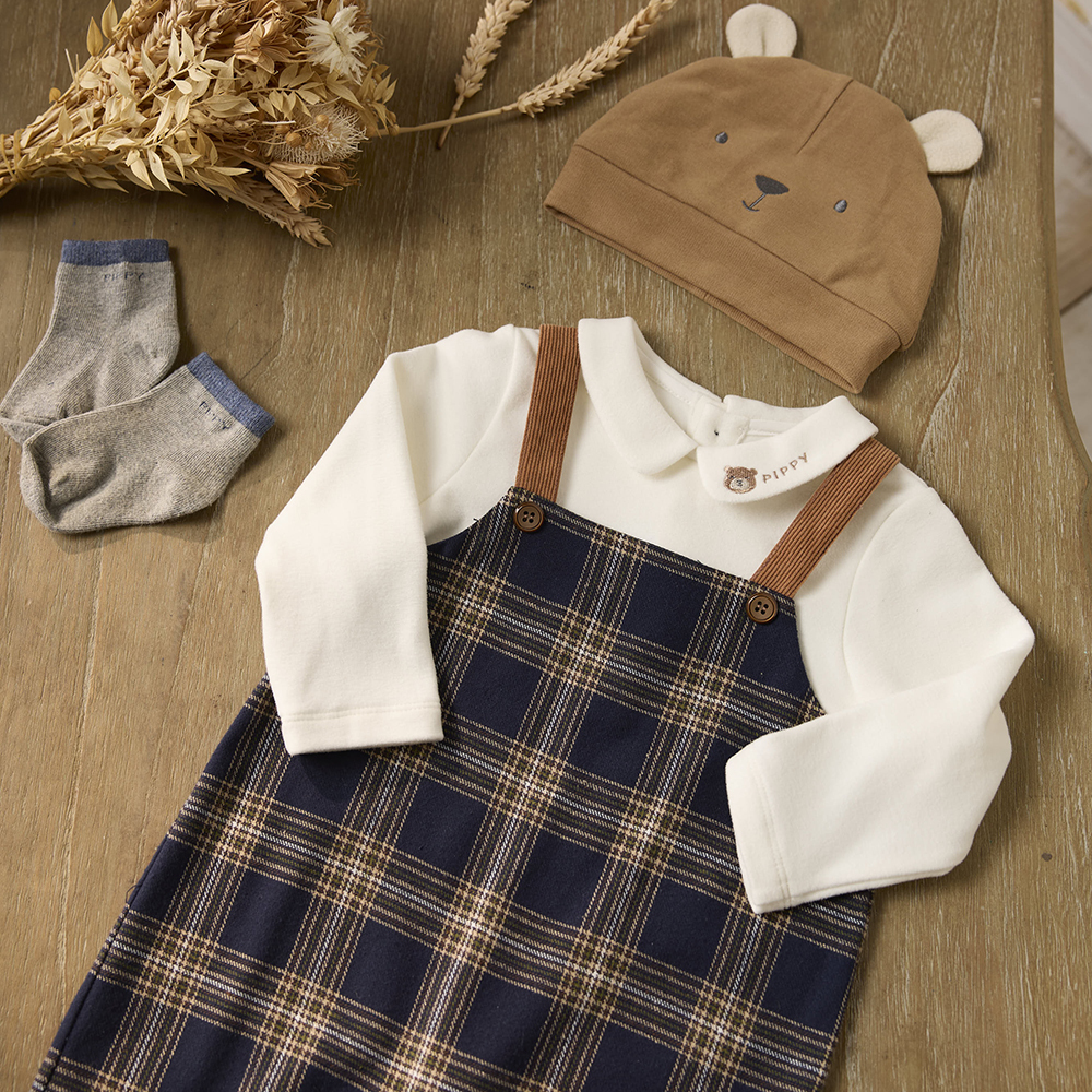 PIPPY童趣小熊帽吊帶褲3件組禮盒藍