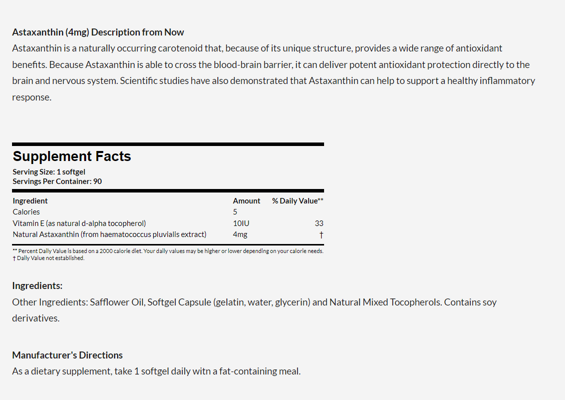 [預購] Now 天然蝦青素 4mg 90粒 Astaxanthin 蝦紅素