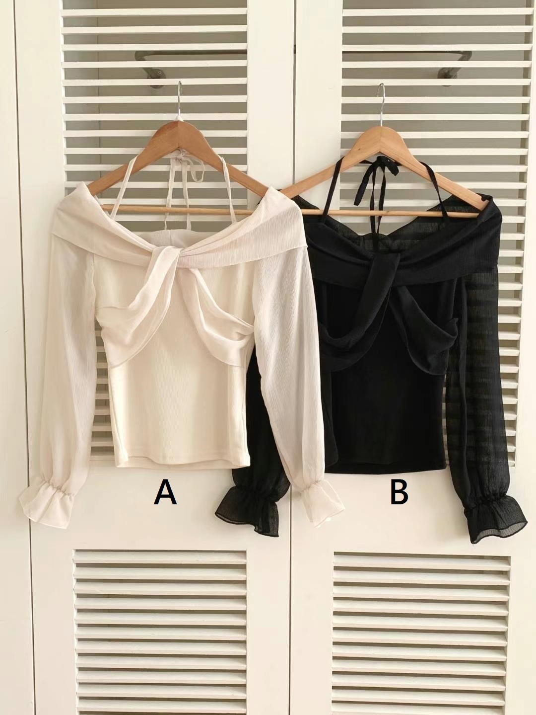 TOP#14482🤎雪紡交差Ribbon Blouse