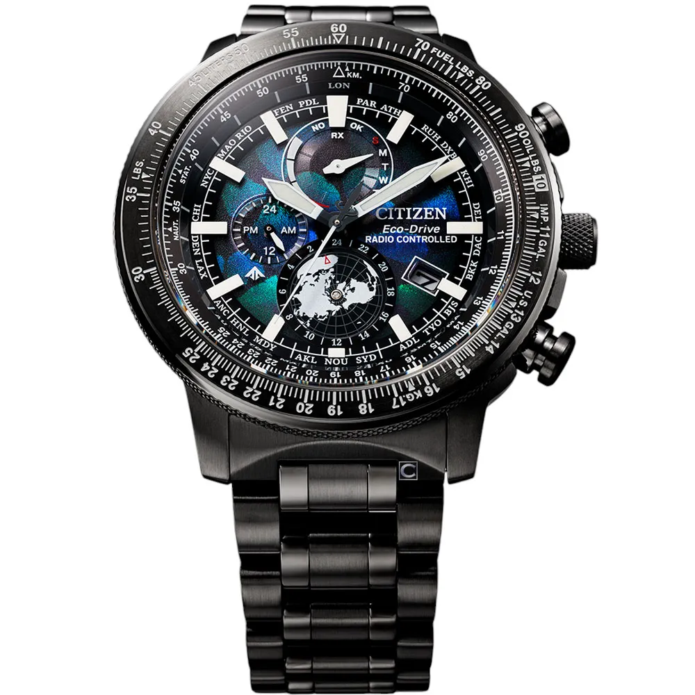 萬年鐘錶 - Citizen 星辰錶  宇宙幻彩限定款飛行滑尺光動能電波萬年曆男錶 BY3005-56E 錶徑46MM