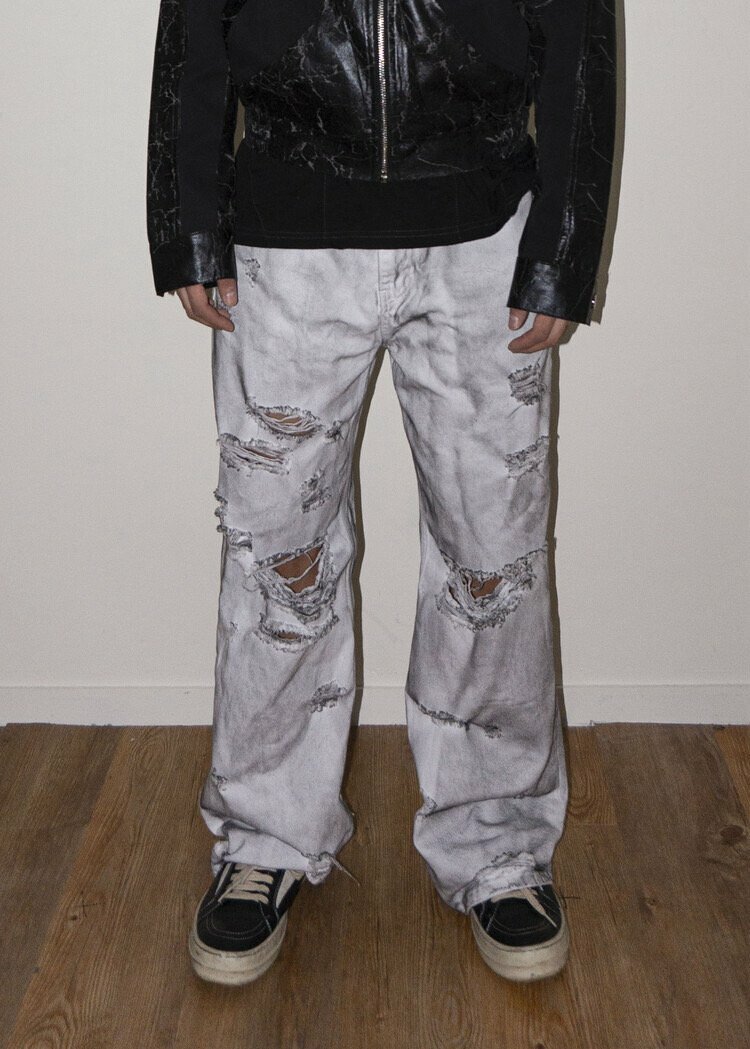 髒洗全白復古牛仔褲