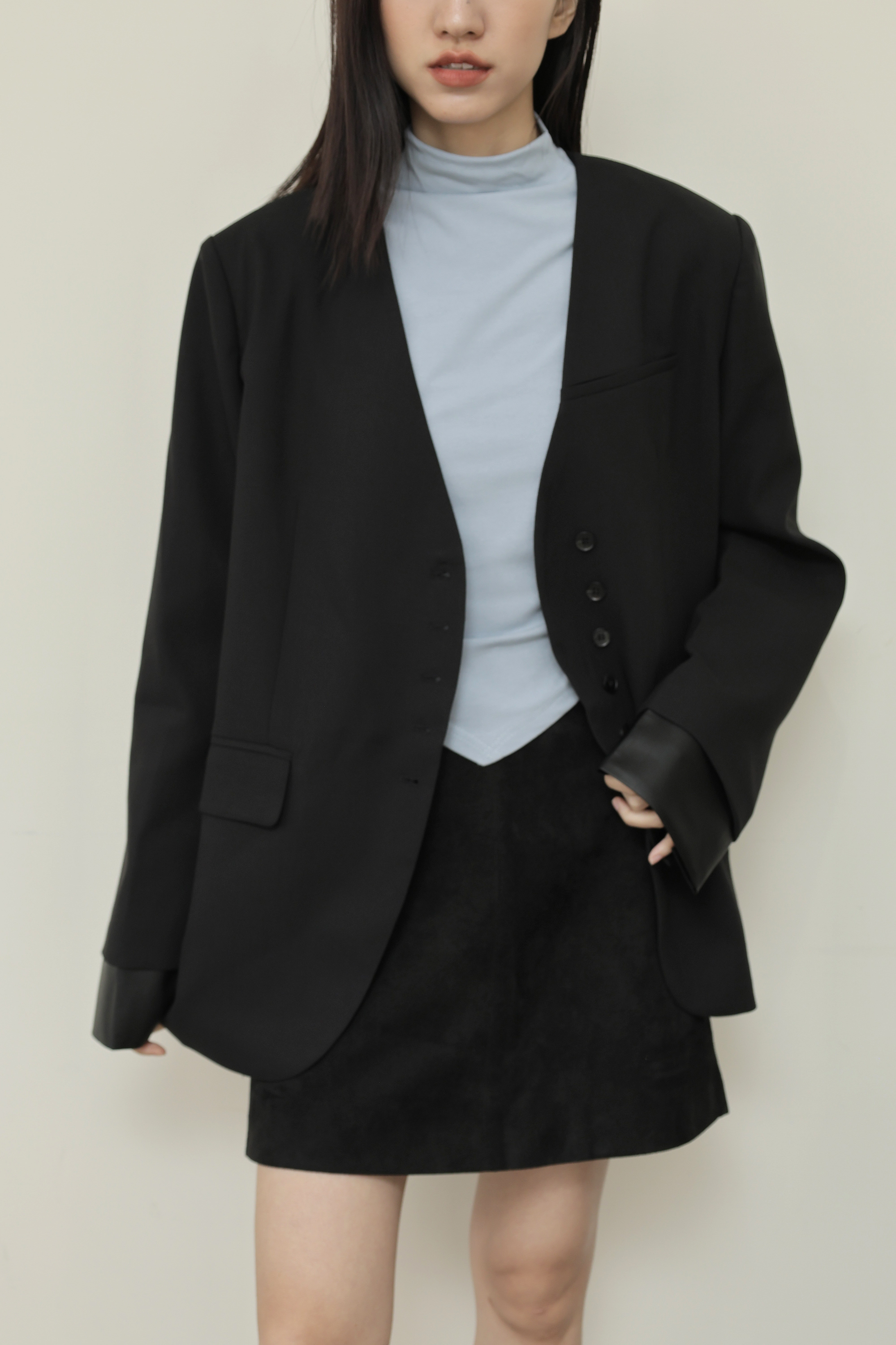 拼接袖口V領西裝外套