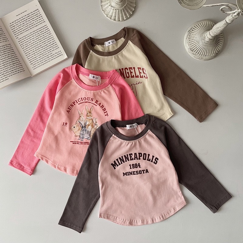 撞色韓系印花長袖修身上衣