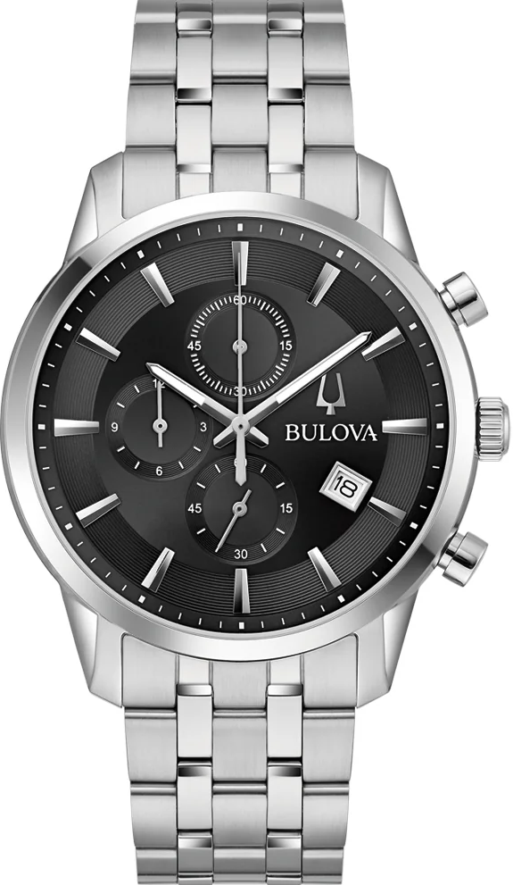 萬年鐘錶 - BULOVA 寶路華 Sutton 系列   黑色面盤三眼計時不鏽鋼錶帶男錶 96B412 錶徑 41MM