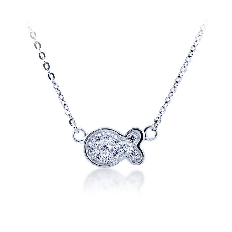 925純銀「LOVE小魚」晶鑽頸鍊 (15吋+2公分延長鍊)-SDS0012