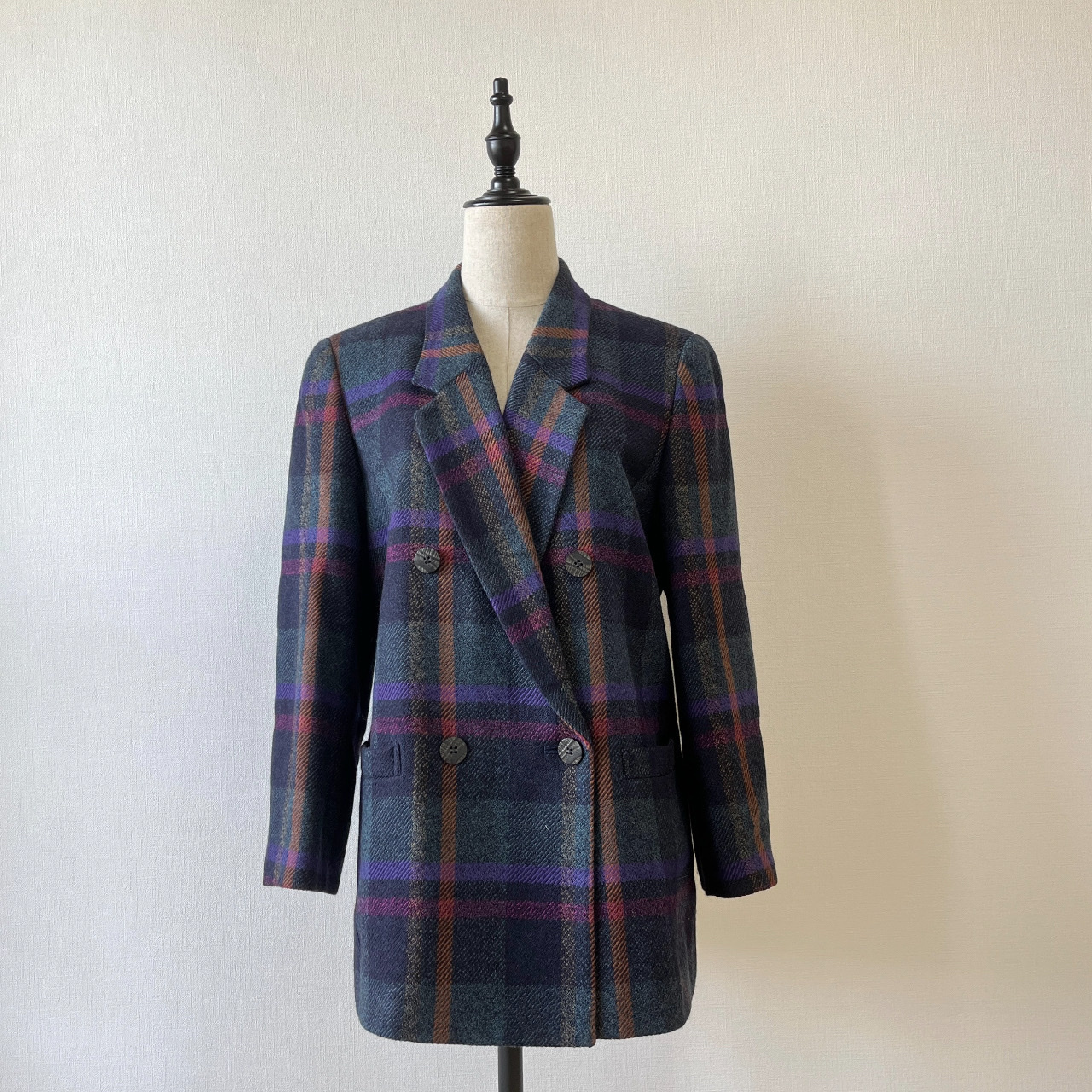 日本製AGASA紫藍色格紋羊毛大衣