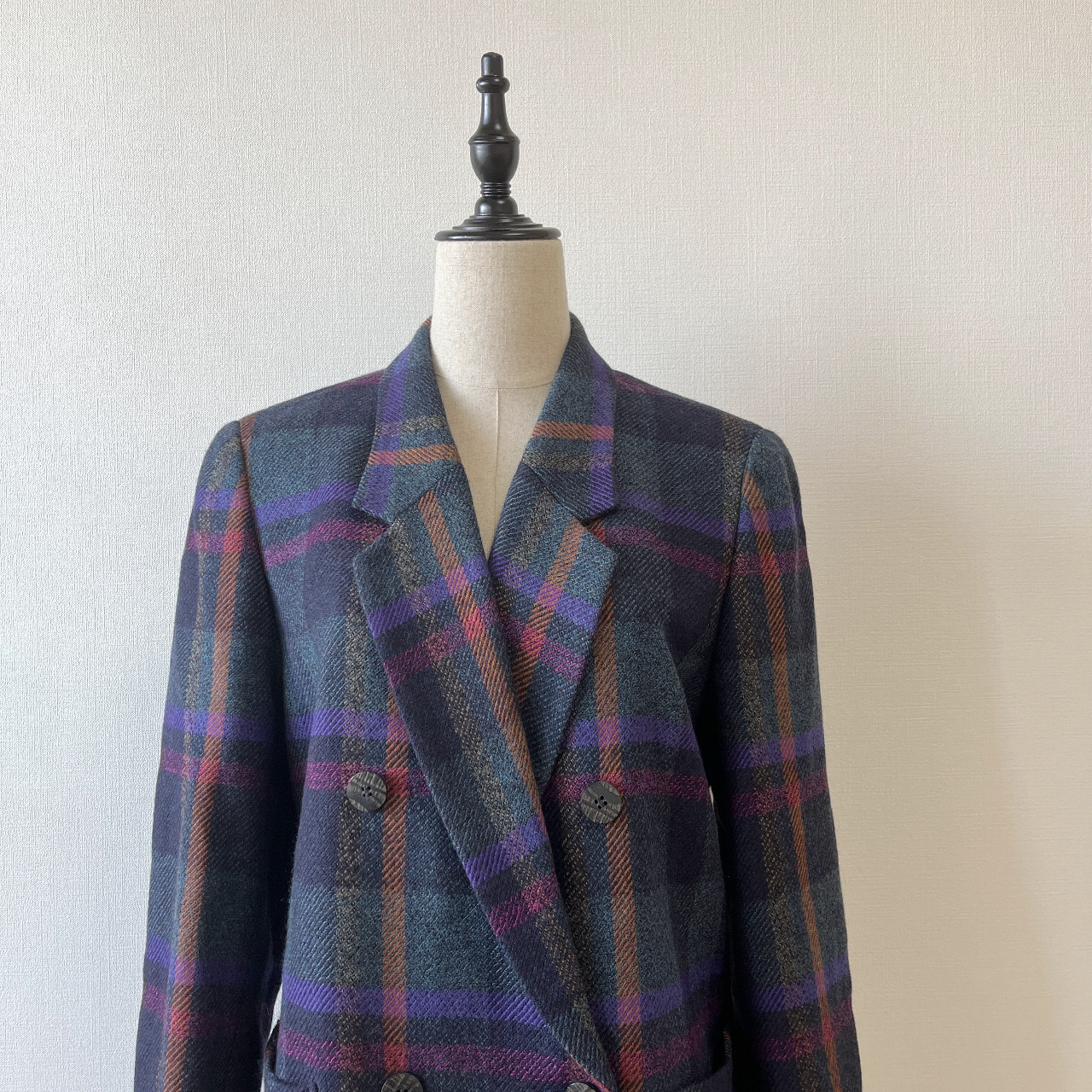 日本製AGASA紫藍色格紋羊毛大衣