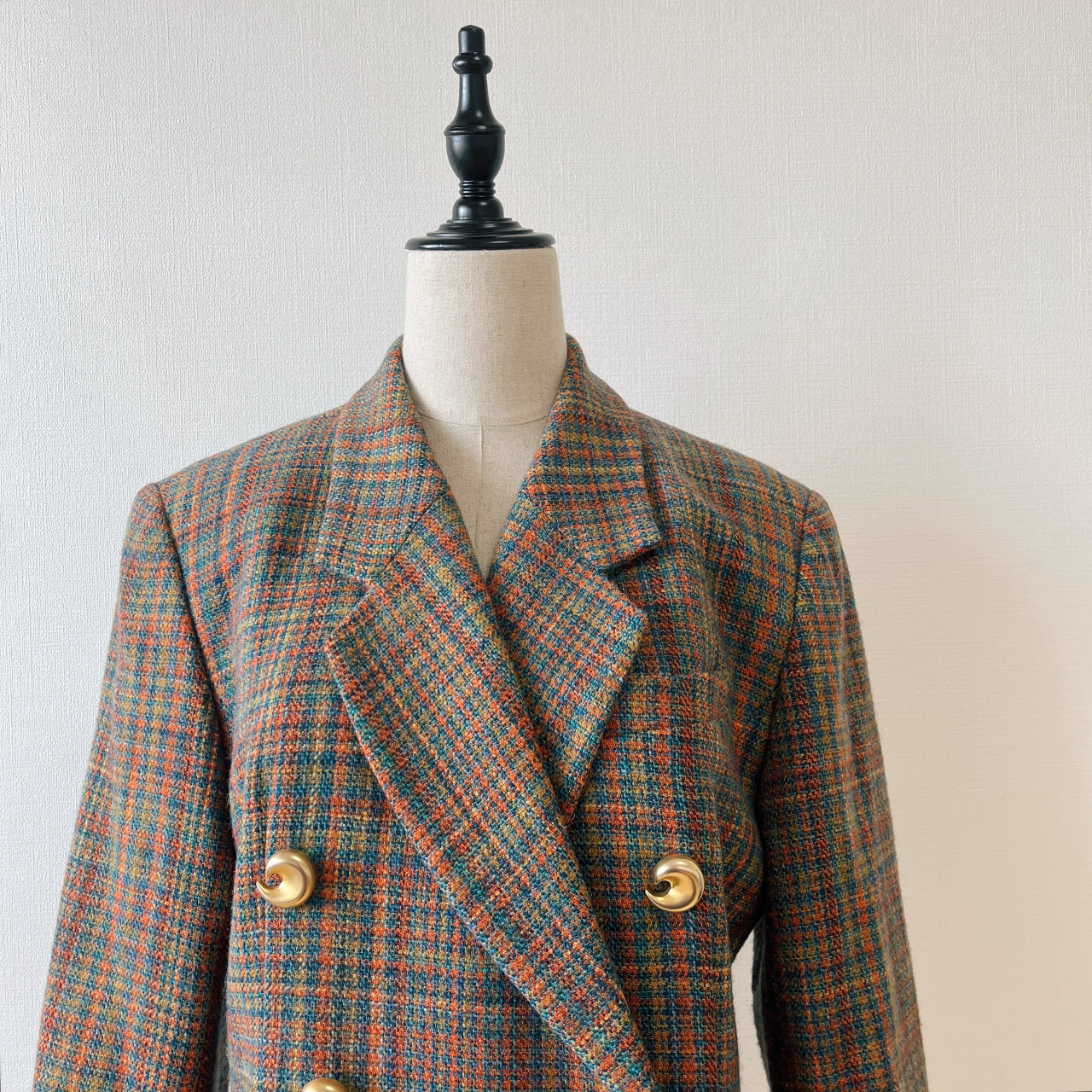 橙色配藍色格紋孖襟羊毛外套