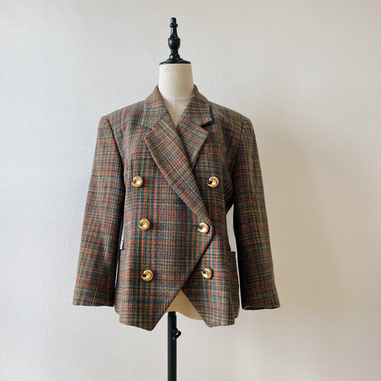 橙色配藍色格紋孖襟羊毛外套