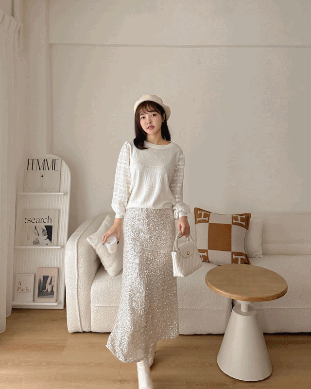 LINA LINA華麗派對滿版亮片鬆緊長裙-香檳杏