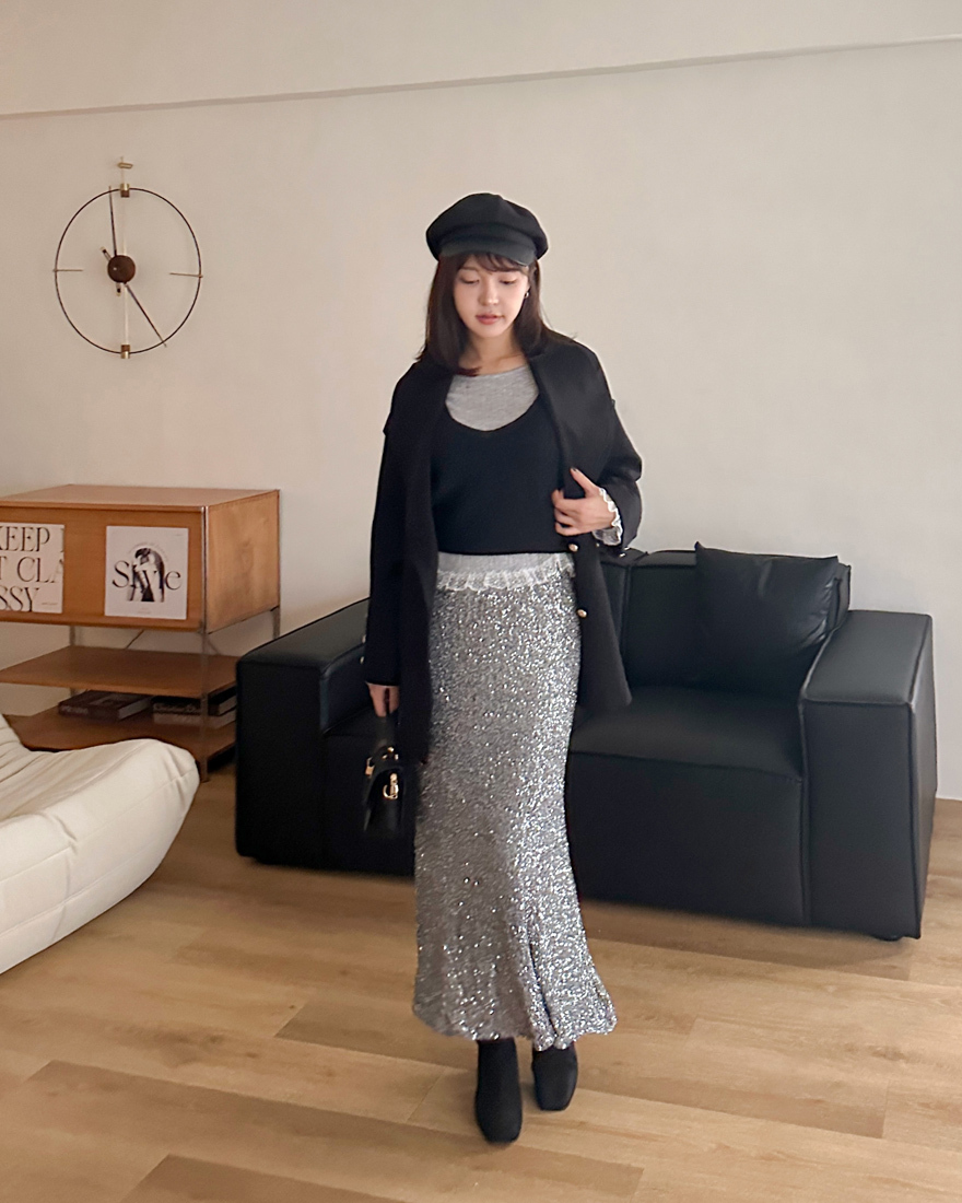 LINA LINA華麗派對滿版亮片鬆緊長裙-貴氣灰