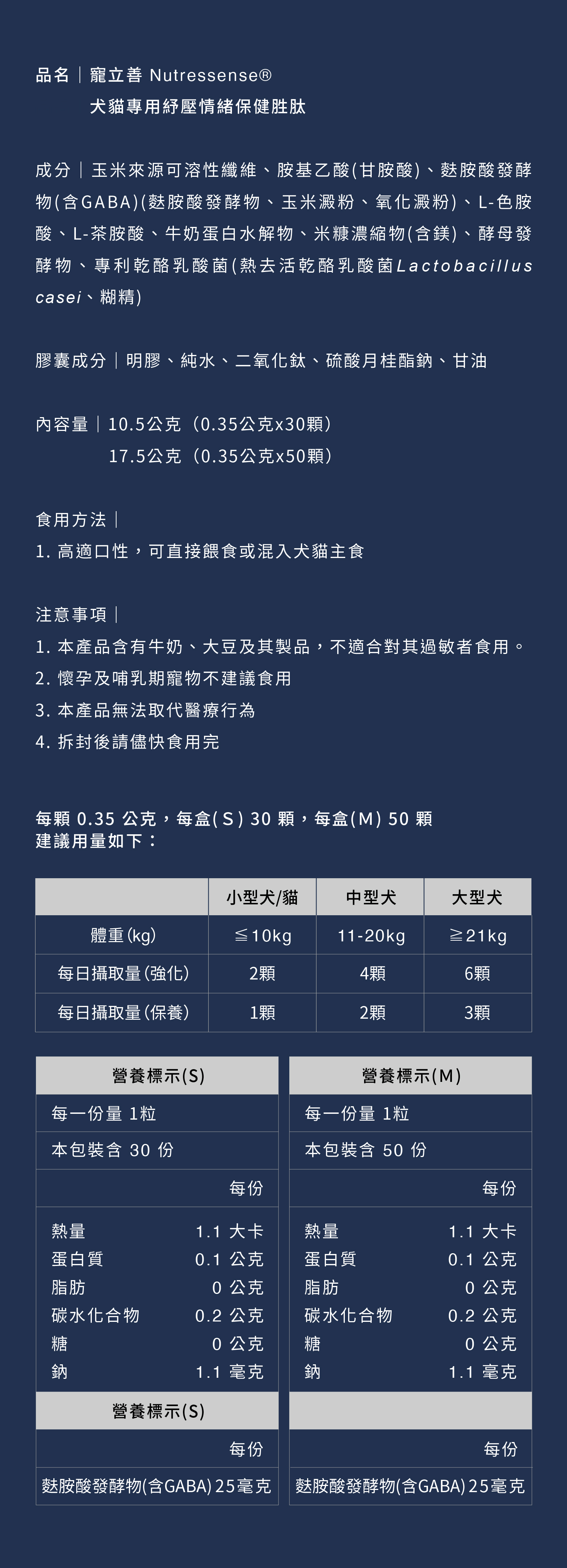 寵物情緒穩定保健成分表和使用方法