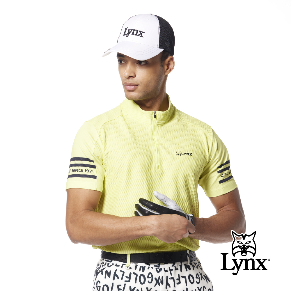 【Lynx Golf】合身版抗菌除臭MESH洞洞布兩袖印花立領POLO衫/高爾夫球衫