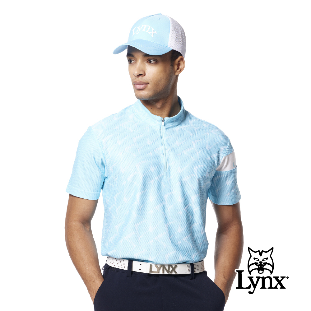 【Lynx Golf】抗菌除臭MESH洞洞布幾何印花立領POLO衫/高爾夫球衫