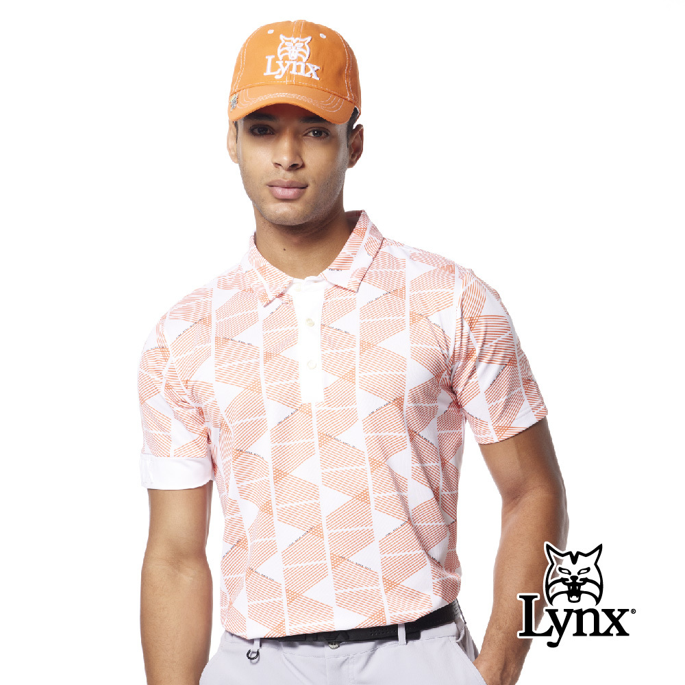 【Lynx Golf】吸排抗UV涼感右袖凸字繡花線條排列POLO衫/高爾夫球衫
