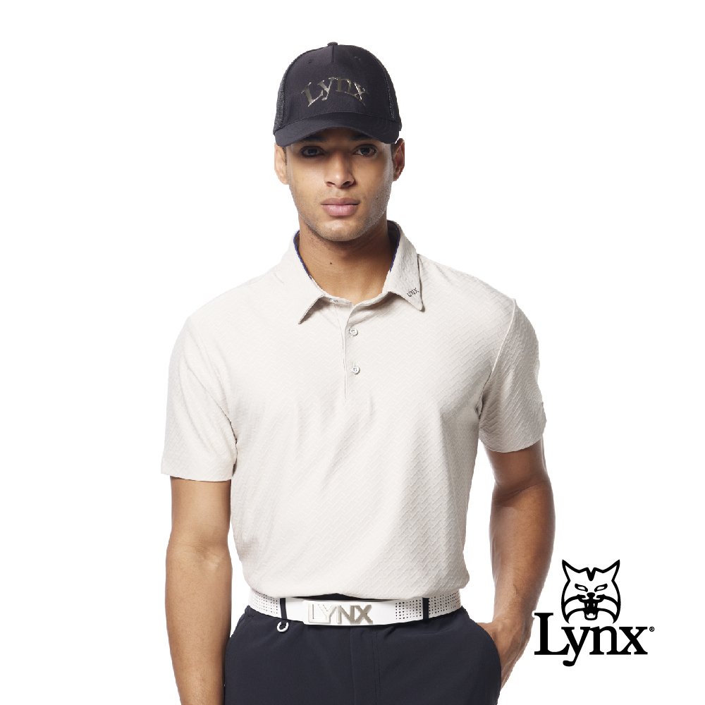 【Lynx Golf】吸排雙面人字紋造型領貼膜袖口開杈POLO衫/高爾夫球衫
