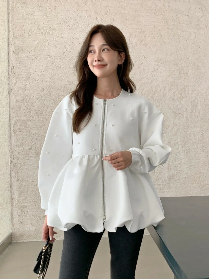 立體珍珠澎澎燈籠造型拉鍊上衣外套 / 2色 (Elegant & Love)