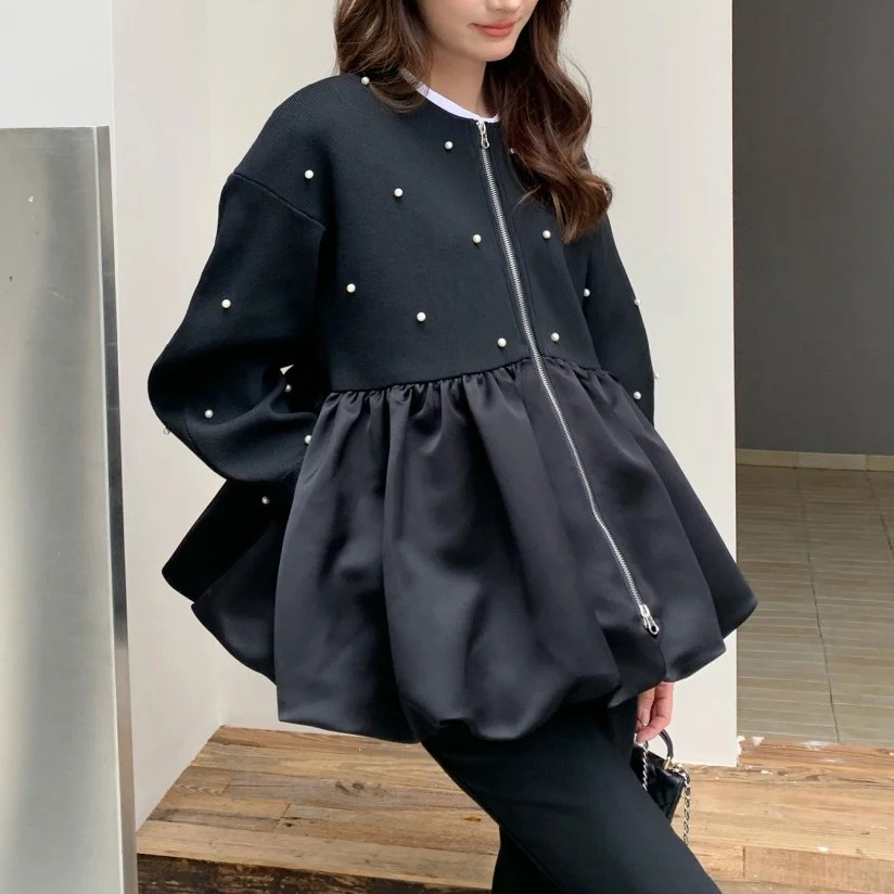 立體珍珠澎澎燈籠造型拉鍊上衣外套 / 2色 (Elegant & Love)