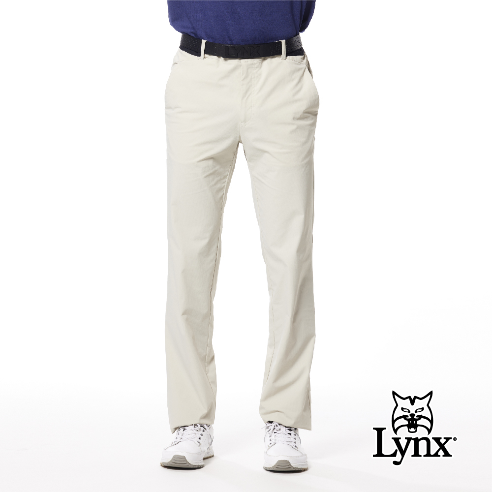 【Lynx Golf】彈性舒適不對稱後袋Lynx織帶平口休閒長褲