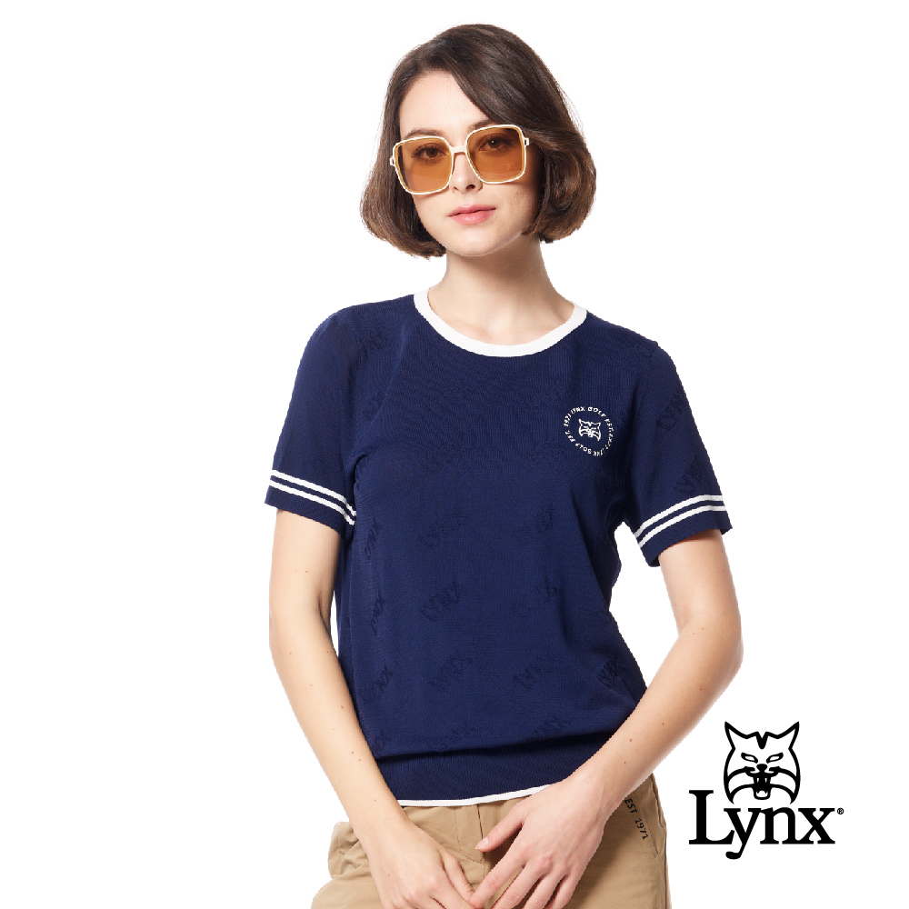 【Lynx Golf】彈性舒適羅紋配色設計LOGO緹花圓領毛衣