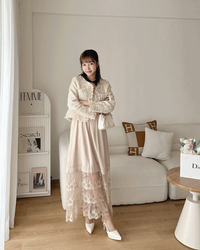 LINA LINA華美千金混色亮片鑽石釦小香外套-奶茶咖M/L