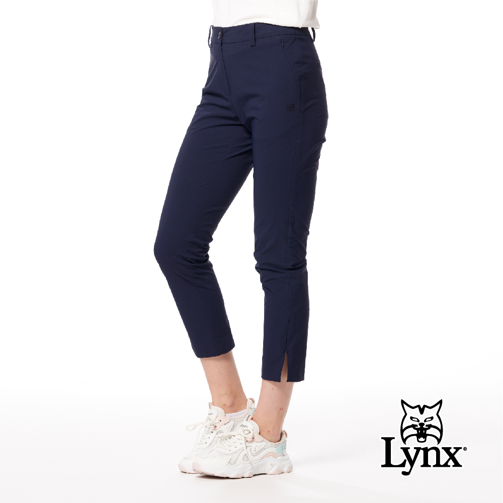 【Lynx Golf】彈性舒適隱形拉鍊口袋膠標褲口開杈窄管九分褲
