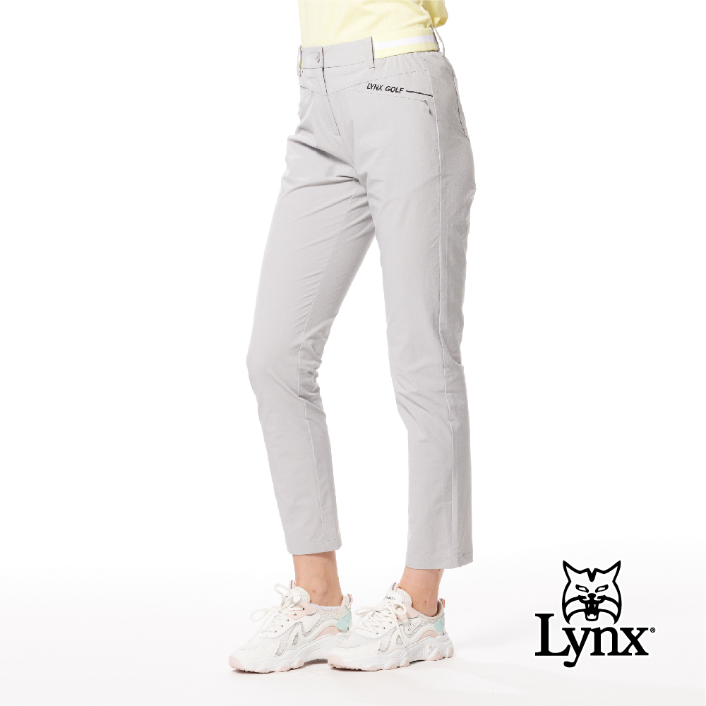 【Lynx Golf】隱形拉鍊口袋繡花配色羅紋造型窄管九分褲