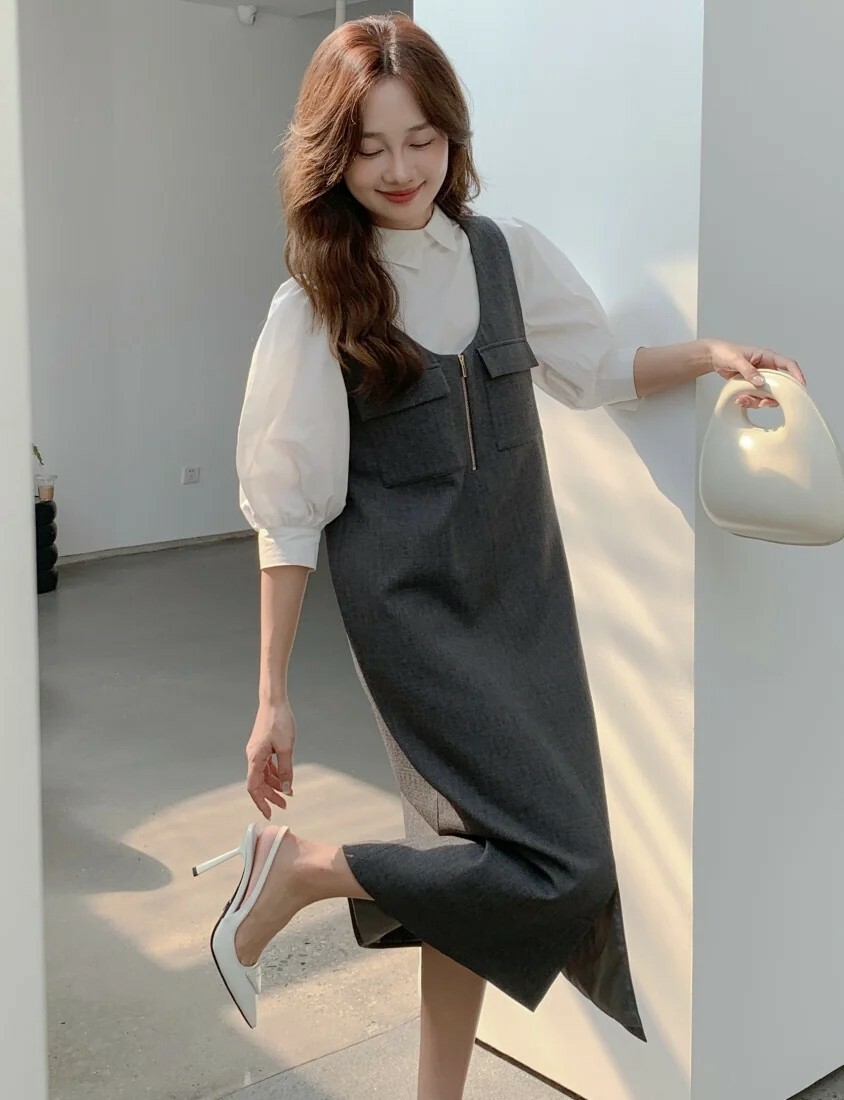 質感灰拉鍊雙口袋造型西裝背心裙長洋裝 (Elegant & Love)