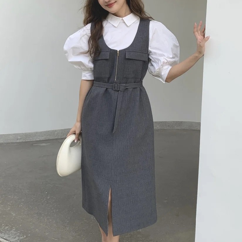 質感灰拉鍊雙口袋造型西裝背心裙長洋裝 (Elegant & Love)