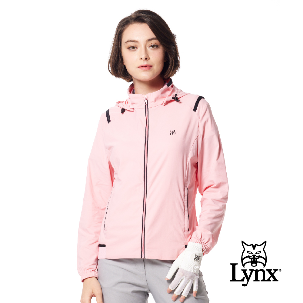 【Lynx Golf】吸排羅紋配條山貓膠標拉鍊口袋可拆式連帽外套
