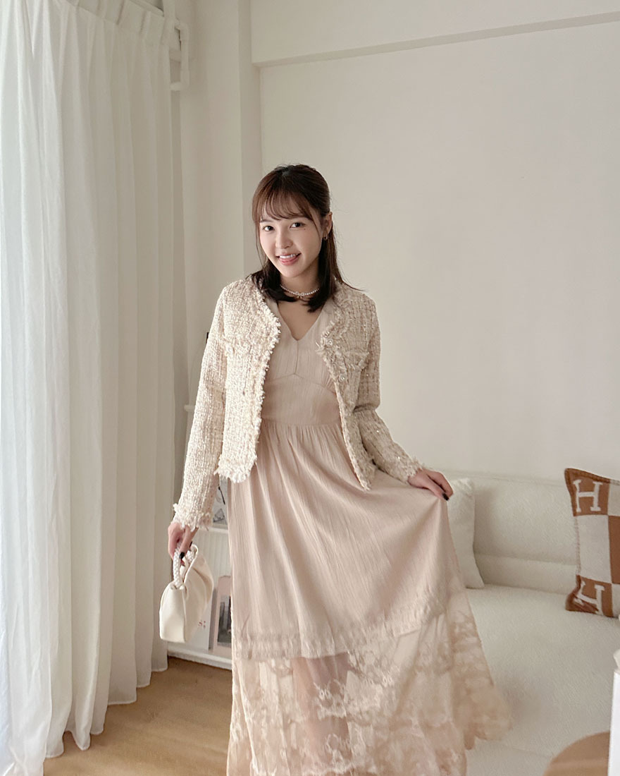 LINA LINA華美千金混色亮片鑽石釦小香外套-奶茶咖M/L