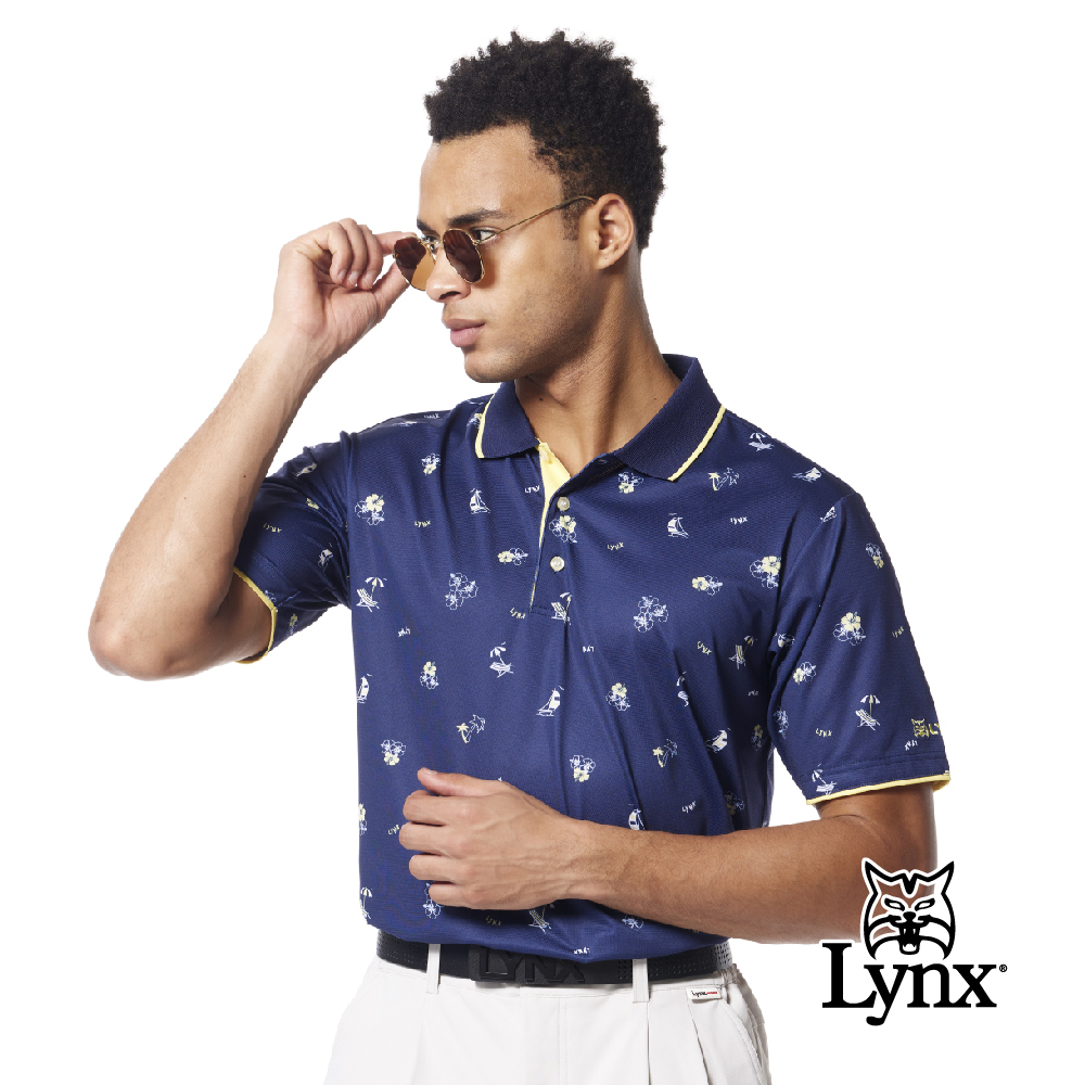 【Lynx Golf】吸排織紋布熱帶風情印花配色條領POLO衫/高爾夫球衫