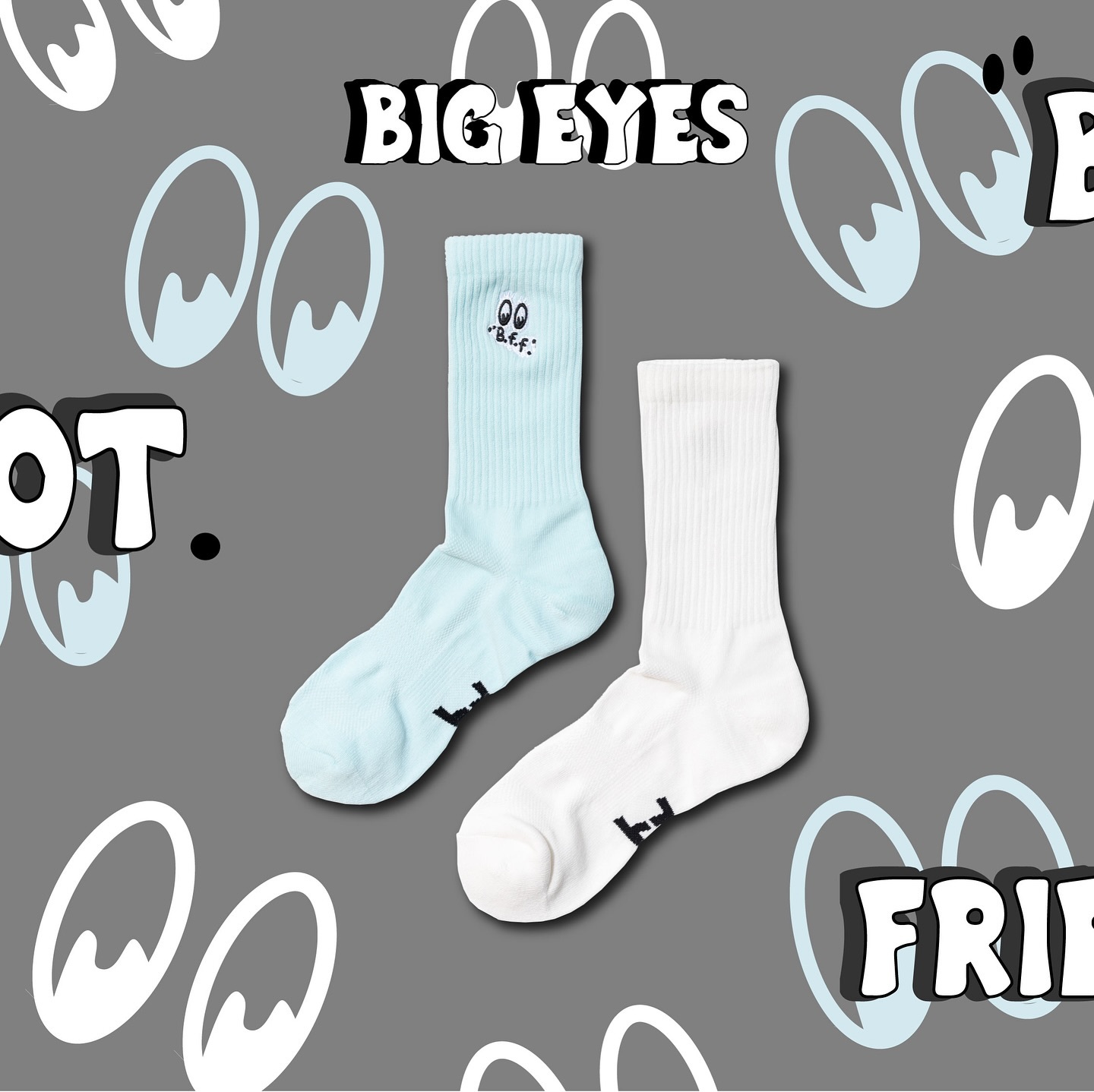 BFF Symptom Socks Big eyes 天空藍 白色 大眼睛 刺繡 中筒襪 長襪【BF24018】