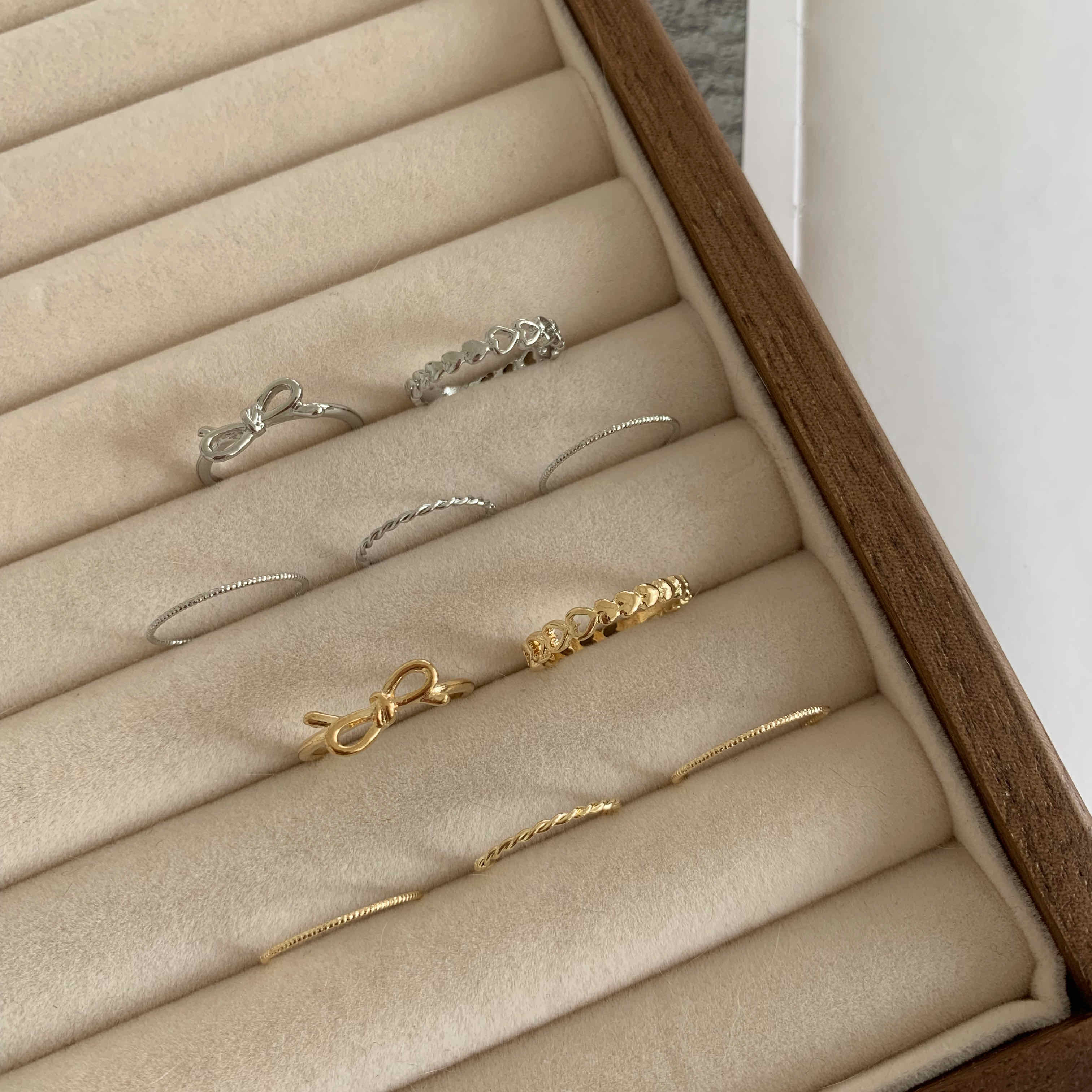 🇰🇷蝴蝶結愛心串串戒指五件組｜2 color