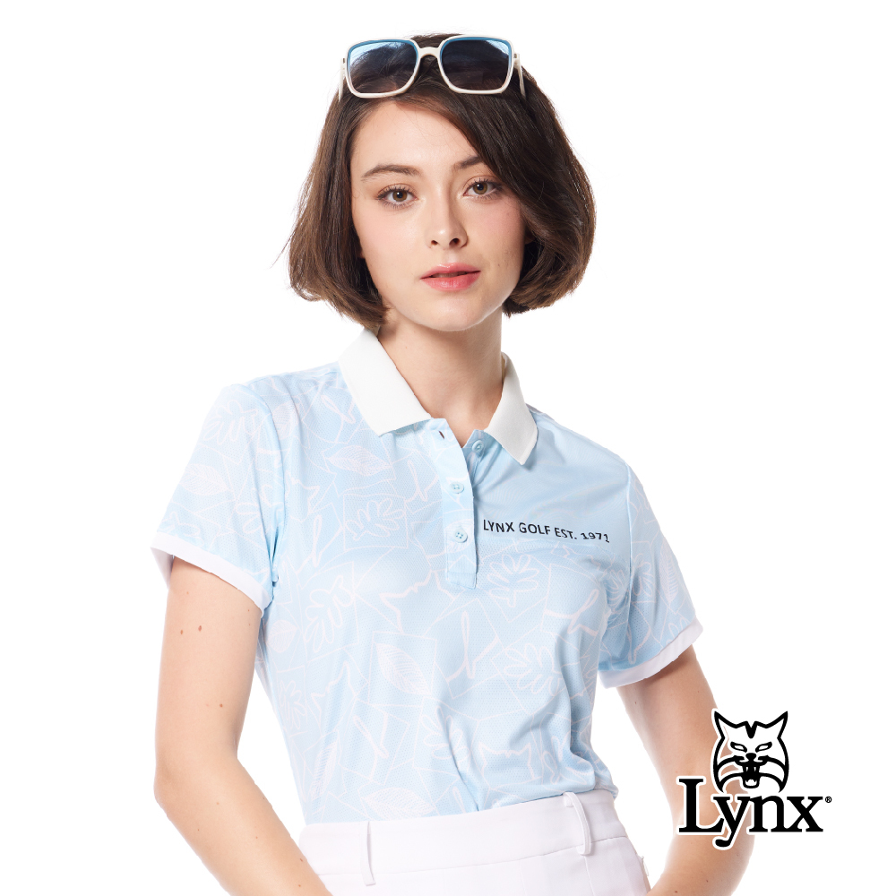 【Lynx Golf】吸排電腦領花草印花洞洞布剪接POLO衫/高爾夫球衫