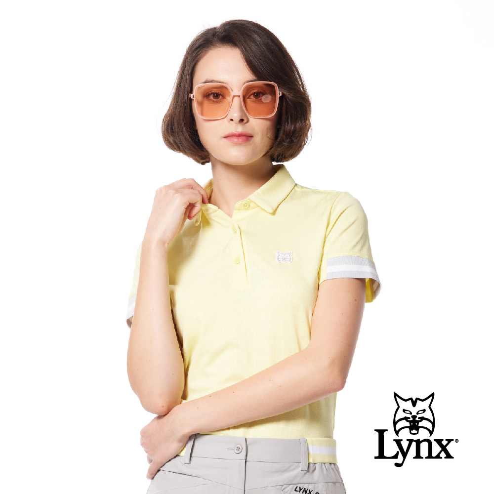 【Lynx Golf】合身版吸排緹花袖剪接羅紋膠標POLO衫/高爾夫球衫