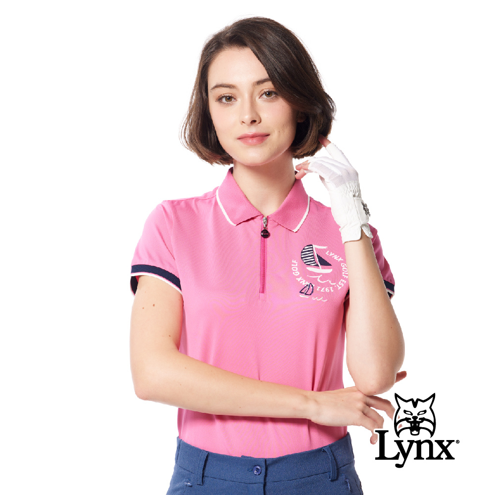 【Lynx Golf】吸排抗UV網眼電腦領袖剪接羅紋帆船繡花立領POLO衫/高爾夫球衫