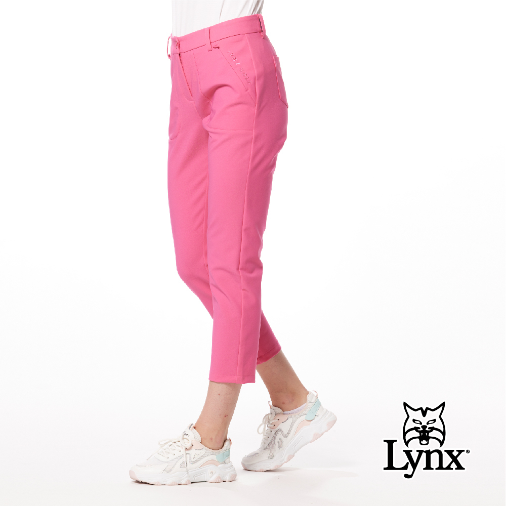 【Lynx Golf】貼袋造型後腰織帶剪接隱形拉鍊口袋窄管九分褲