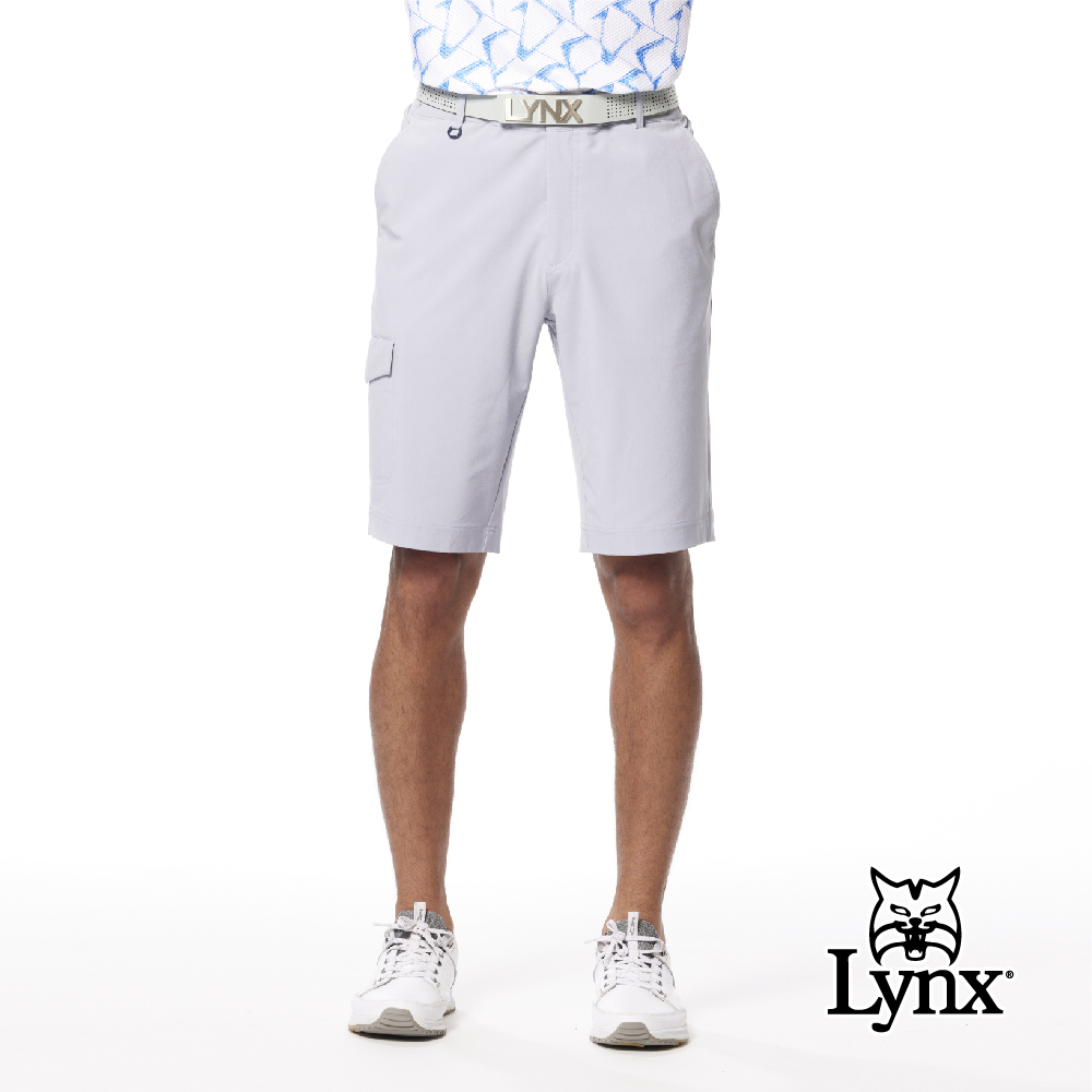 【Lynx Golf】防潑水Lynx印花三色織帶剪接側袋平口休閒短褲