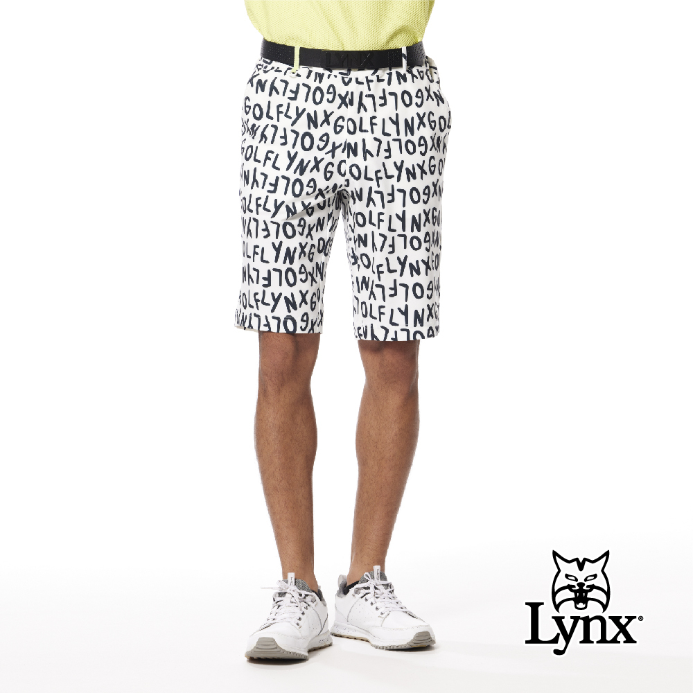 【Lynx Golf】防潑水彈性Lynx俏皮印花LOGO壓紋織帶平口休閒短褲