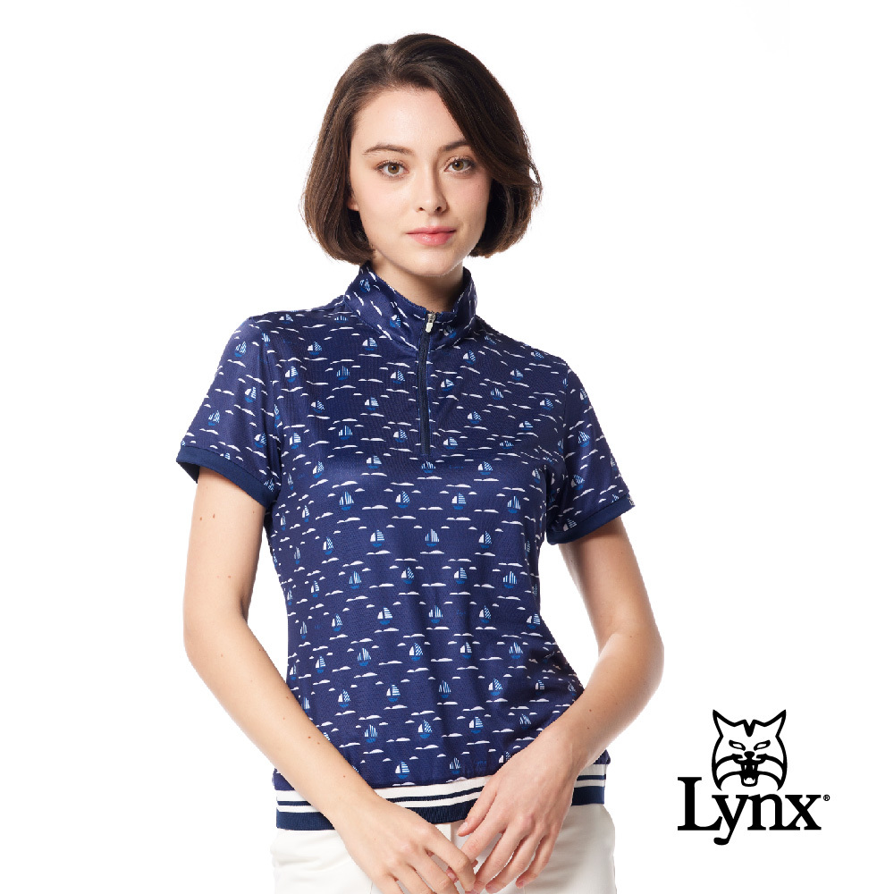 【Lynx Golf】吸排洞洞布緹花帆船印花羅紋剪接立領POLO衫/高爾夫球衫