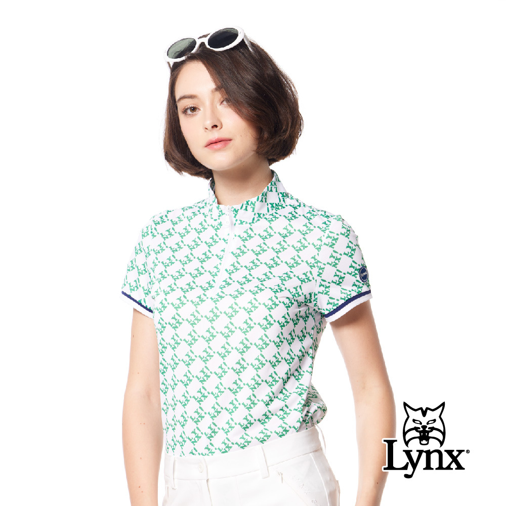 【Lynx Golf】吸排抗UV抗菌防臭網眼Lynx字樣印花立領POLO衫/高爾夫球衫