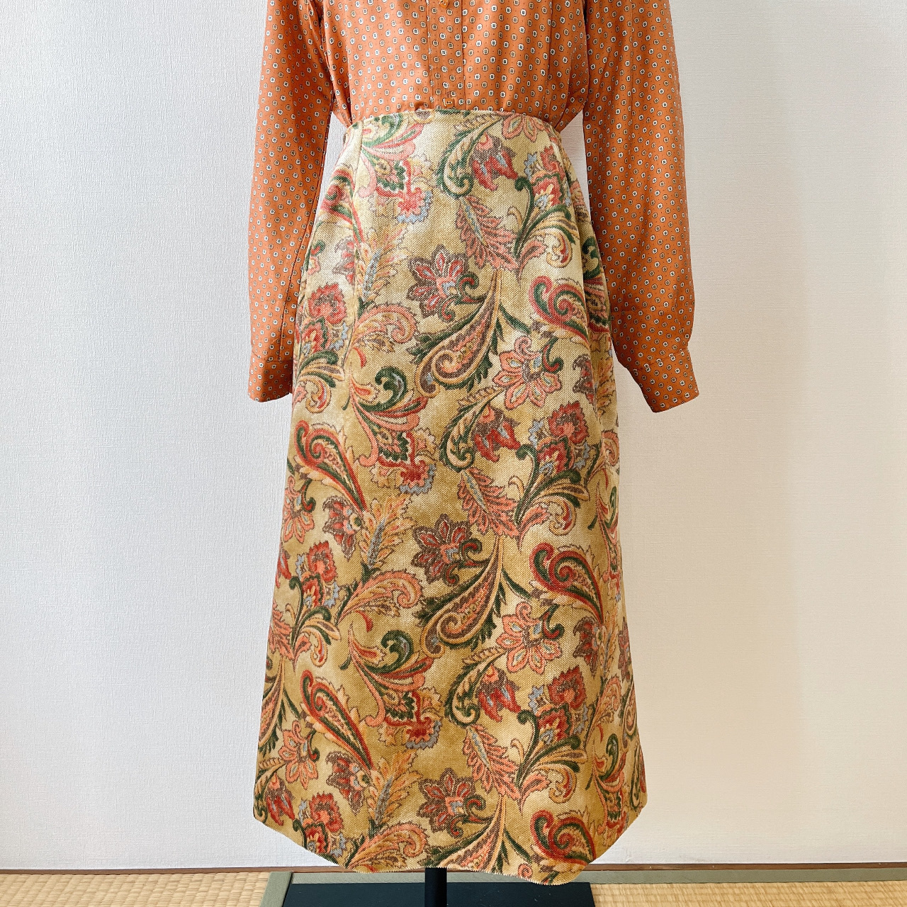 腰果花絲絨感古着半裙