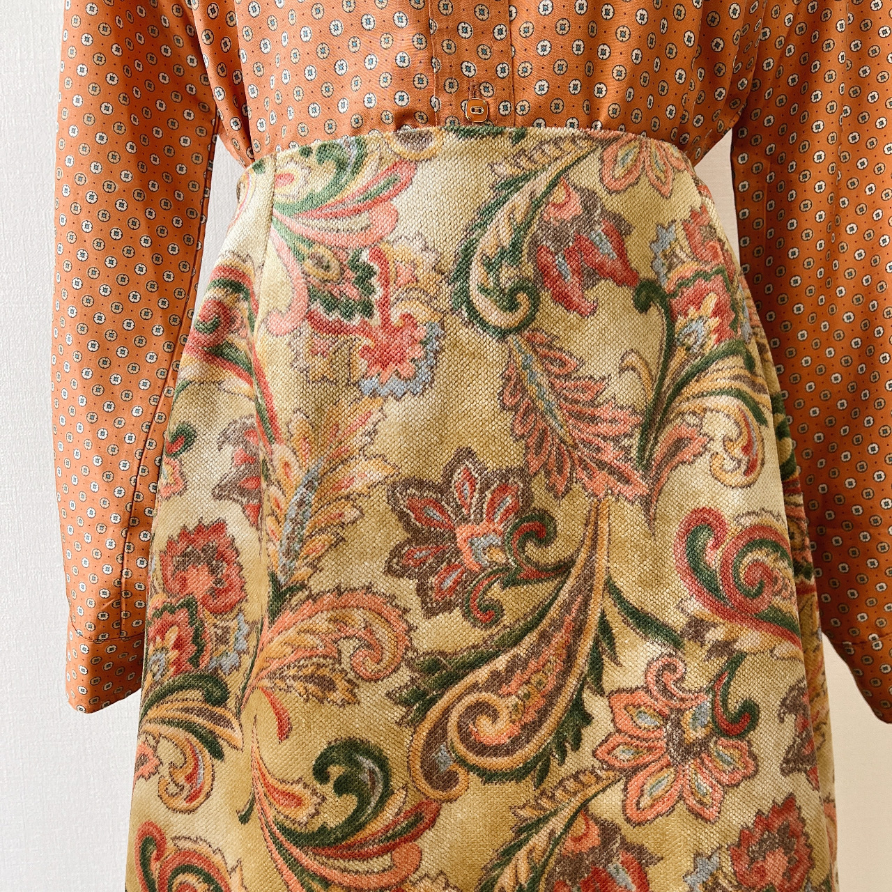 腰果花絲絨感古着半裙