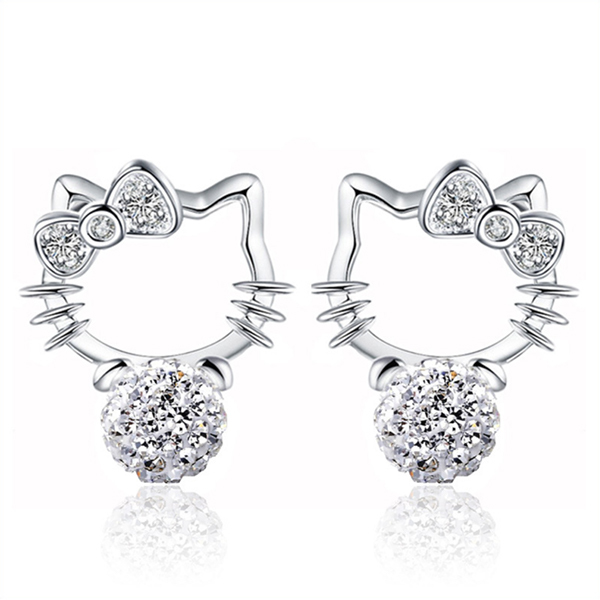 韓國JK 新款滿鑽球貓咪耳釘鍍銀耳飾 J0849