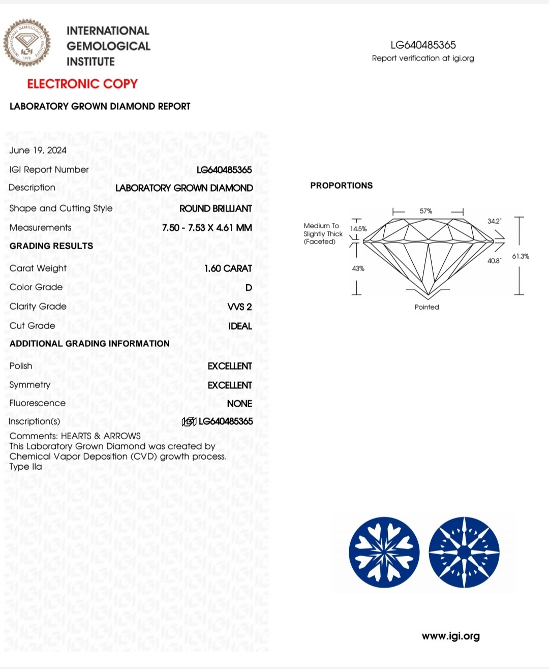 IGI LAB GROWN DIAMOND 1.60 D VVS2 IDEAL 2EX NON